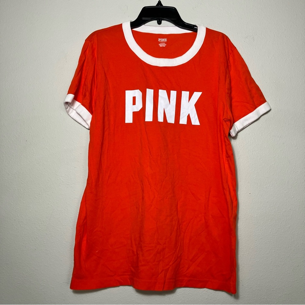 PINK Victoria's Secret Orange and White Short Sleeve Casual Tee Shirt Medium‎